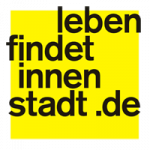 Logo Aktive Ortsmitte "Leben findet Innenstadt" auf gelben Grund