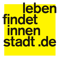 Logo Aktive Ortsmitte "Leben findet Innenstadt" auf gelben Grund
